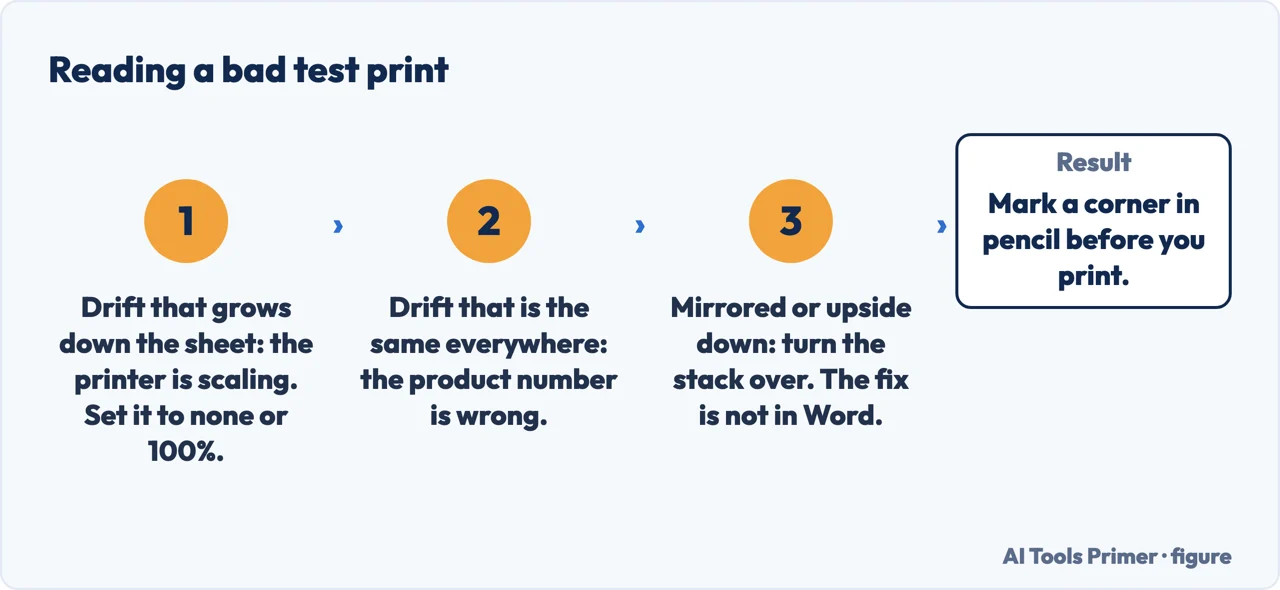 A drawn flow for reading a test print of labels that came out crooked