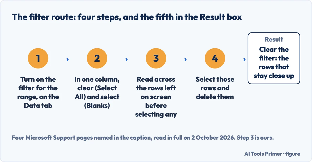 Drawn flow of the filter route: turn on the filter, select (Blanks), read the rows, delete them, clear the filter