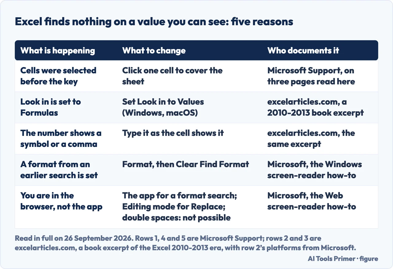 Drawn table of five reasons Excel finds nothing on a value you can see, with who documents each one