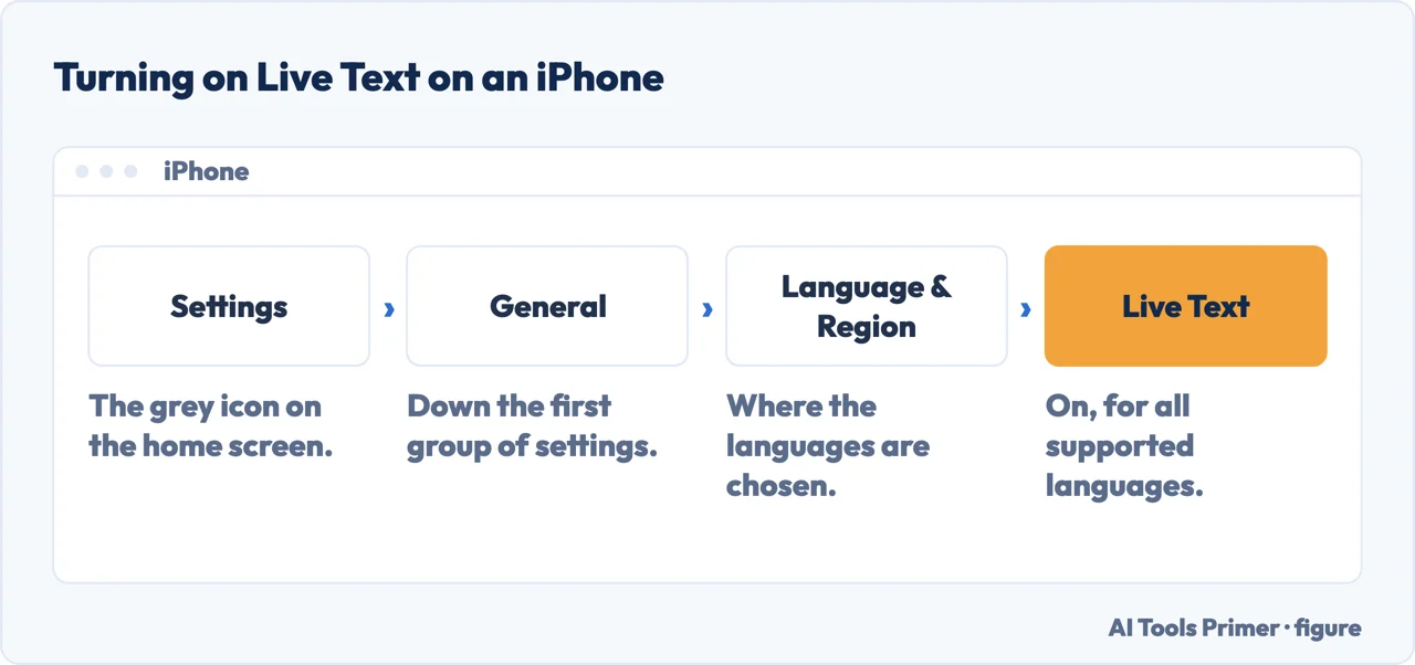 The path to turn on Live Text on an iPhone: Settings, General, Language and Region, Live Text