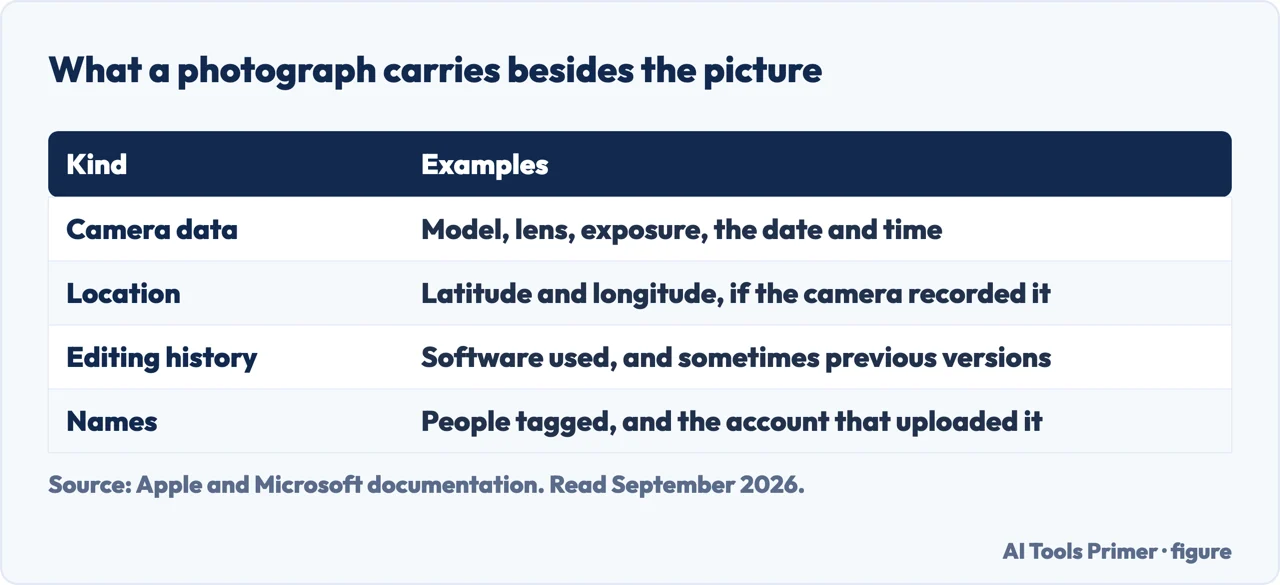 Table of what a photograph file carries besides the picture itself