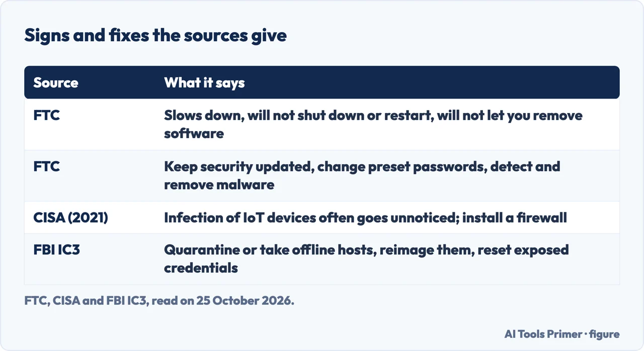 Table of the signs of infection and the fixes the FTC, CISA and the FBI IC3 give for a botnet