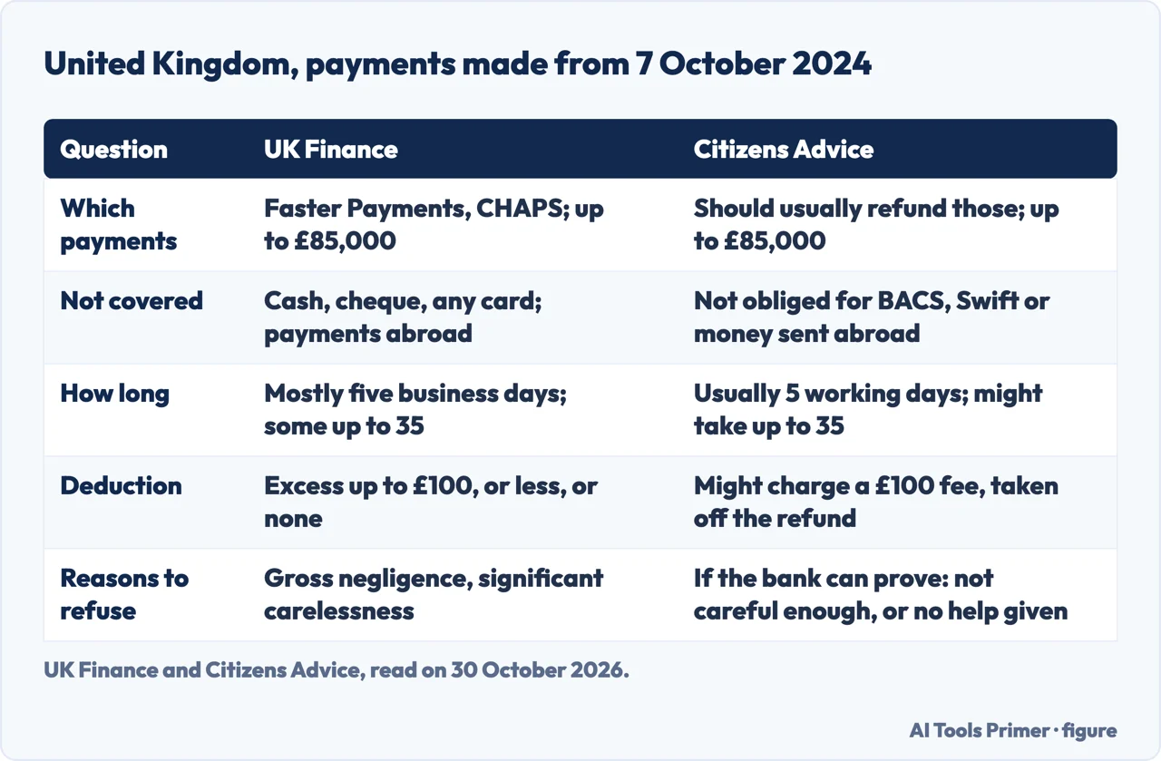 Table comparing what UK Finance and Citizens Advice say about refunds for bank payments made from 7 October 2024