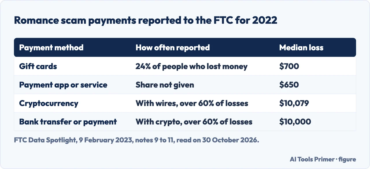 Table of romance scam payment methods reported to the FTC for 2022 with how often reported and the median loss