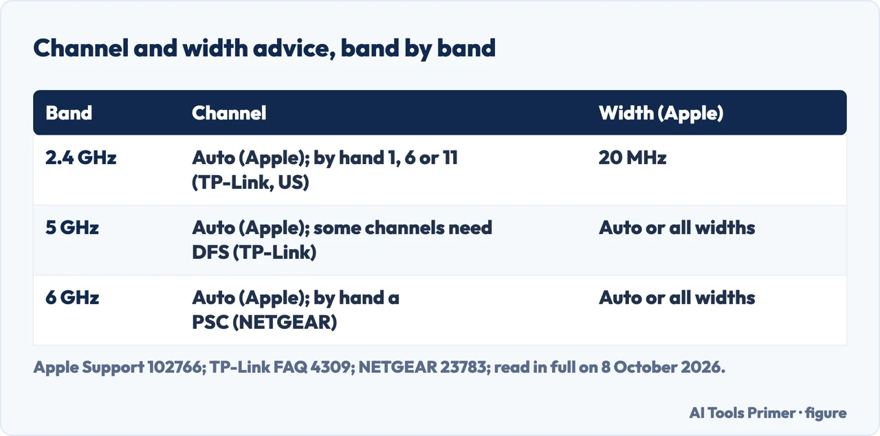 Drawn table of the 2.4, 5 and 6 GHz bands with the channel and width advice for each