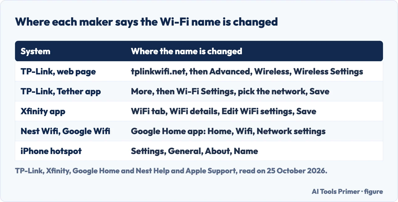 Table of where TP-Link, Xfinity, Google Home and Apple say the Wi-Fi name is changed, with the menu path for each