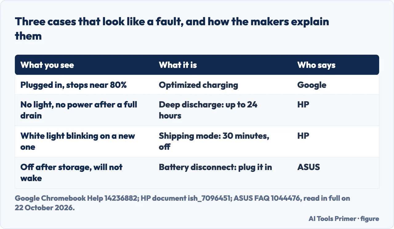 Drawn table of three cases that look like a Chromebook charging fault: Optimized charging, deep discharge, battery disconnect