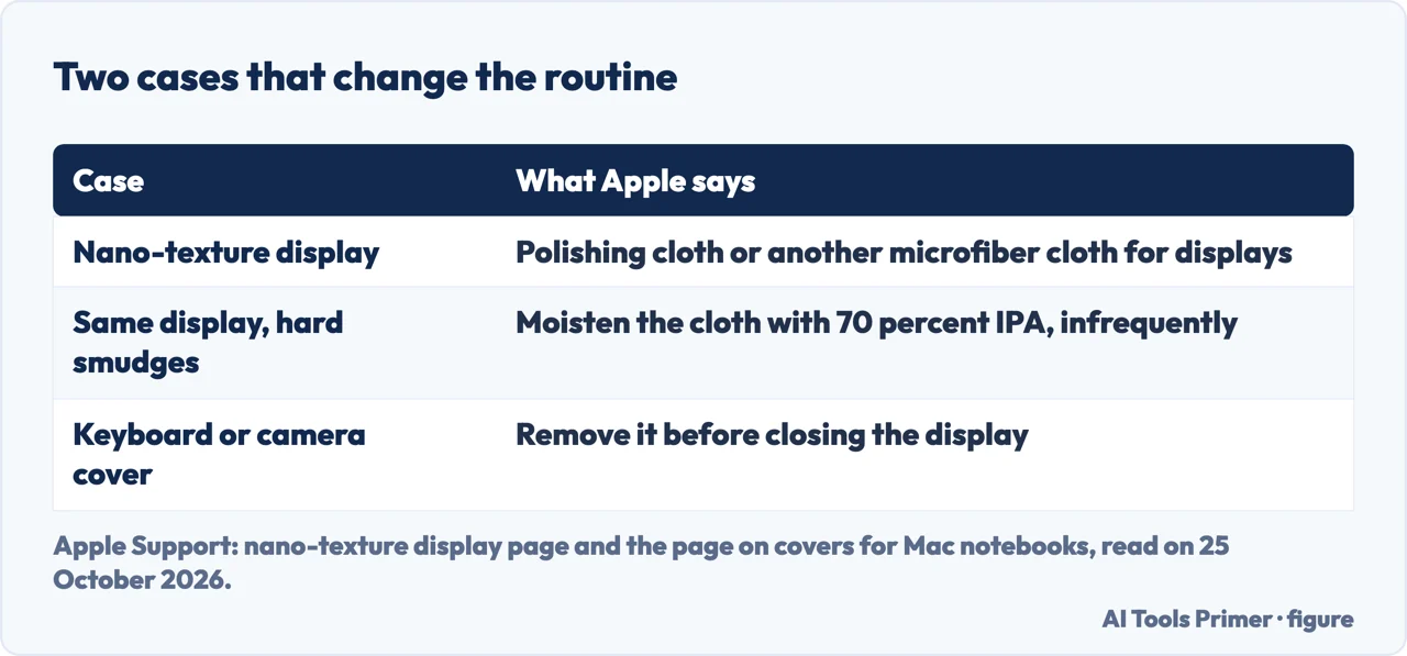 Table of two cases from Apple: a nano-texture display, and a keyboard or camera cover left on when the lid closes