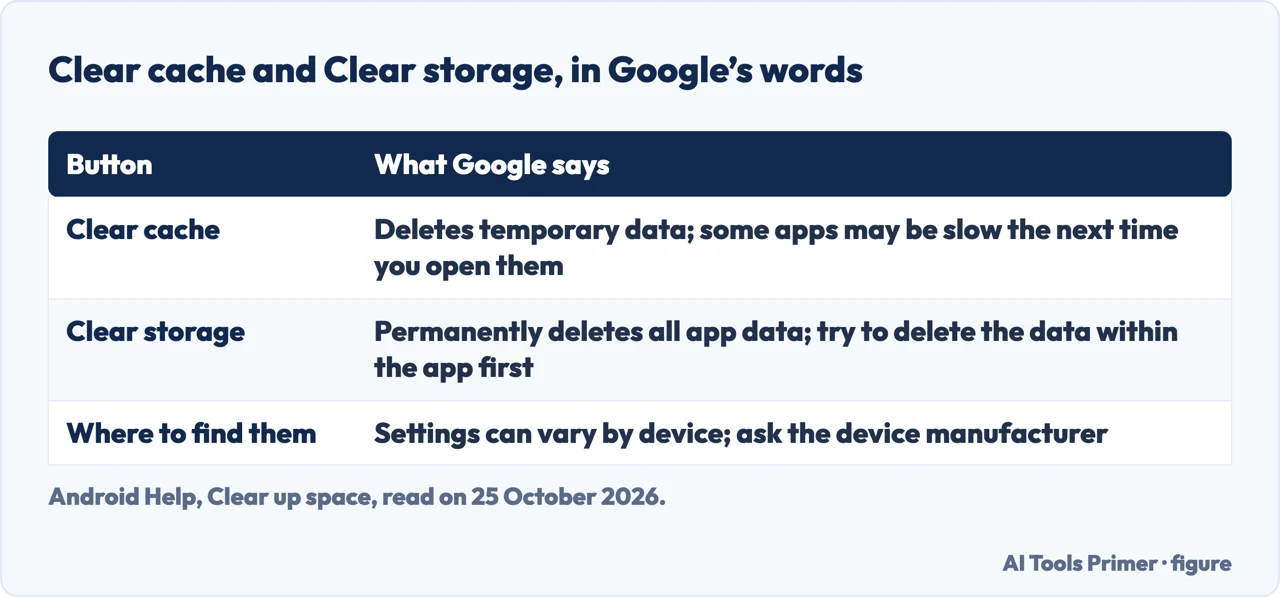 Table of what Google says Clear cache and Clear storage do on Android, and where to find them
