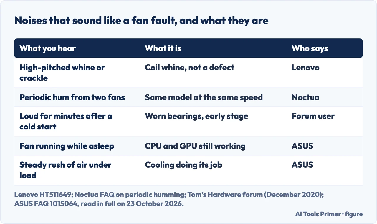 Drawn table of computer noises that sound like a fan fault, including coil whine and two fans humming, and what each one is