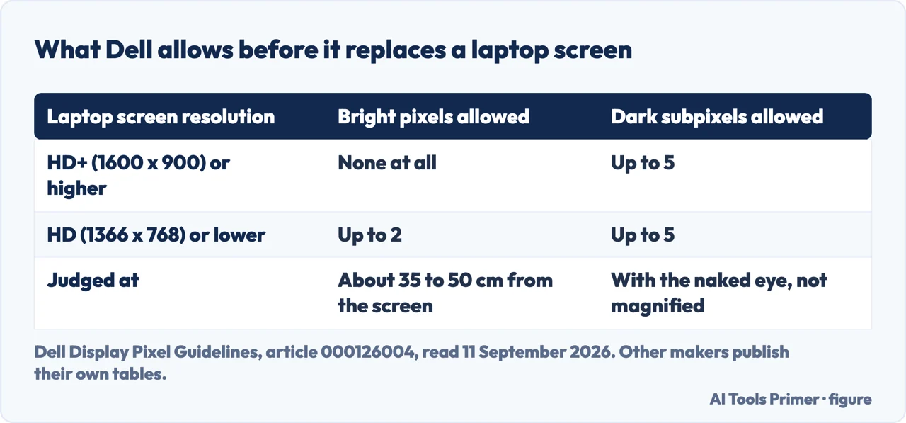 Drawn table of the published pixel tolerance for Dell laptop screens by resolution