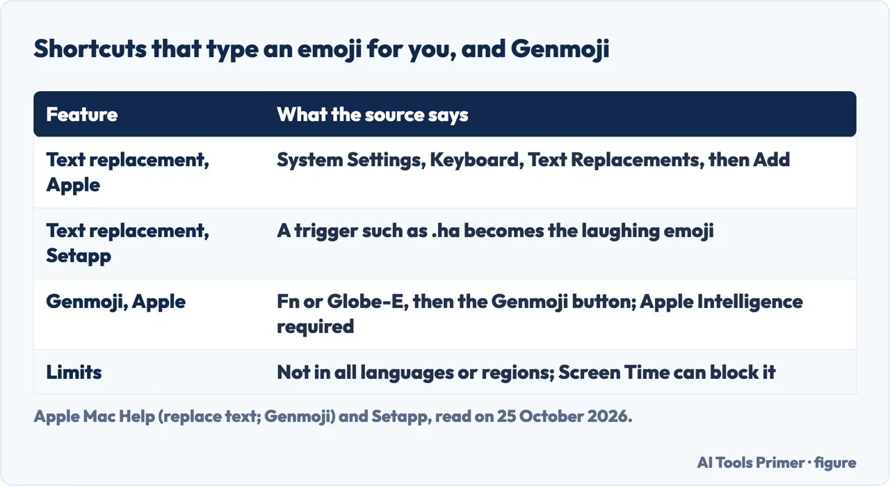 Table of text replacement on a Mac that types an emoji, and Genmoji with its limits, per Apple and Setapp