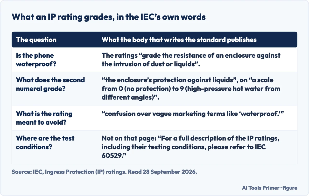 A drawn table of what an IP rating grades, in the words of the body that writes the standard