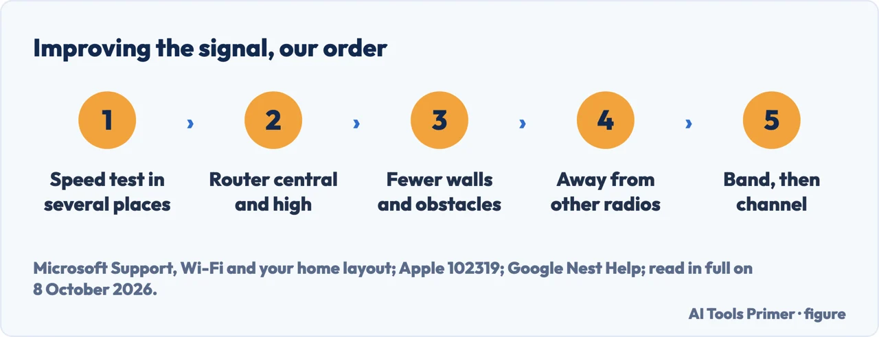Drawn flow of five steps to improve wifi signal, from a first speed test to choosing the band
