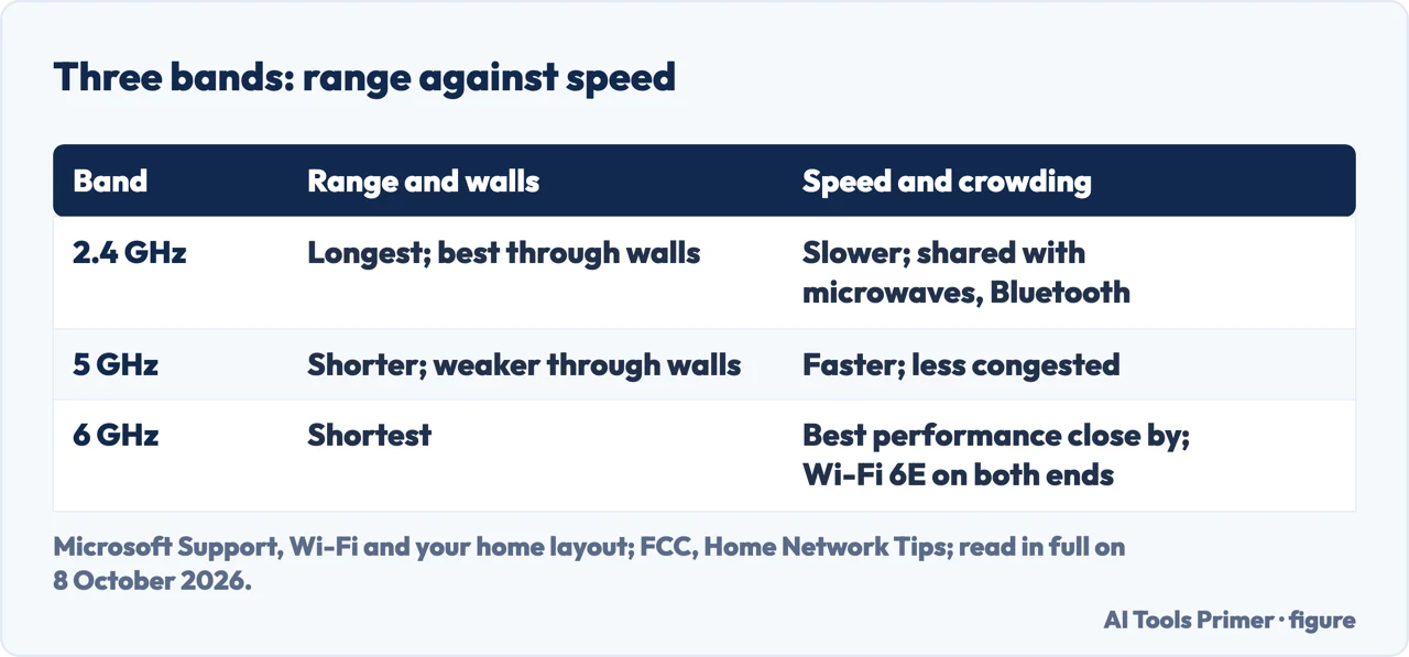Drawn table comparing the 2.4, 5 and 6 GHz Wi-Fi bands on range, walls and speed