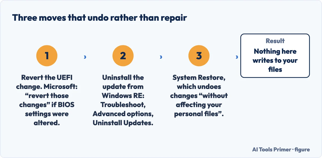 A drawn flow of three steps that undo a change rather than repair the disk