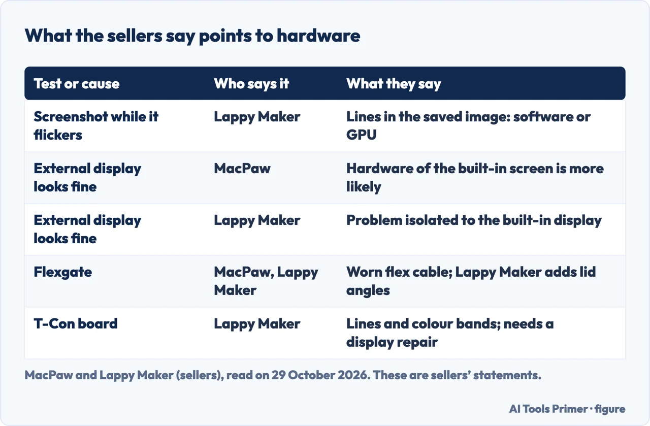 Table of five tests and causes the sellers give for telling software flicker from hardware flicker on a MacBook