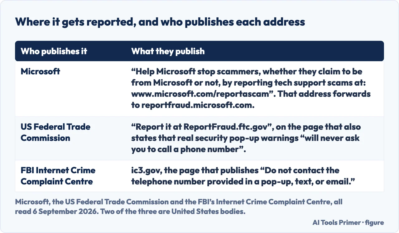 A drawn table of the three reporting addresses published by Microsoft, the FTC and the FBI