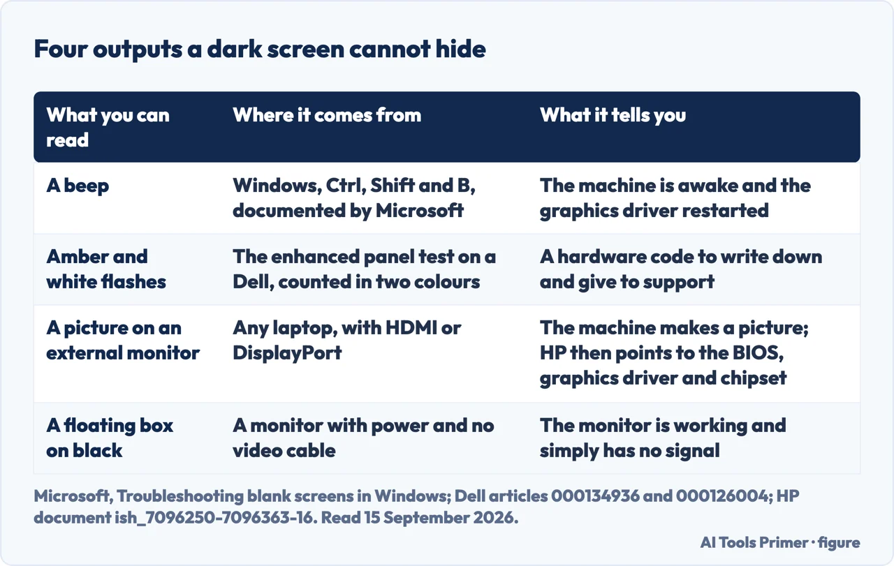 Drawn table of the four outputs of a computer that can still be read when the screen shows nothing