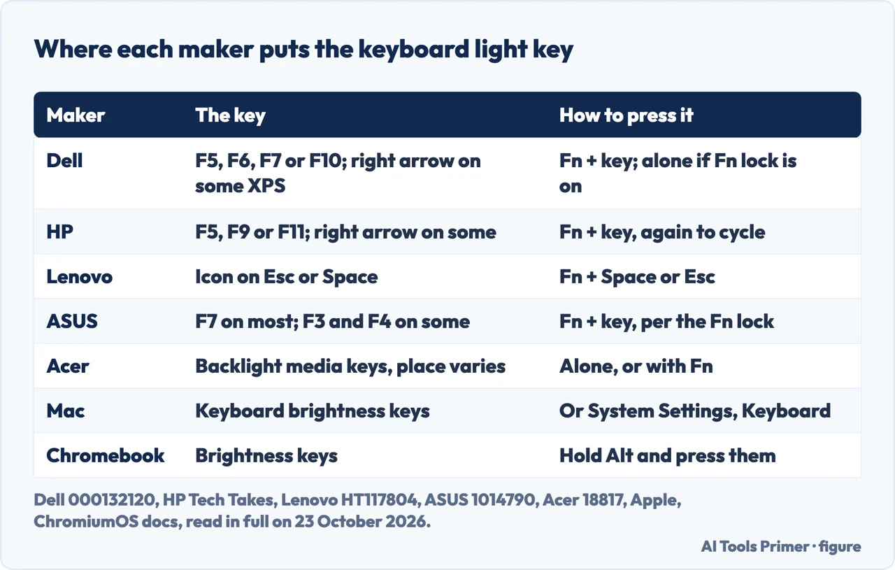 Drawn table of the keyboard light key on Dell, HP, Lenovo, ASUS, Acer, Mac and Chromebook laptops, and how to press it