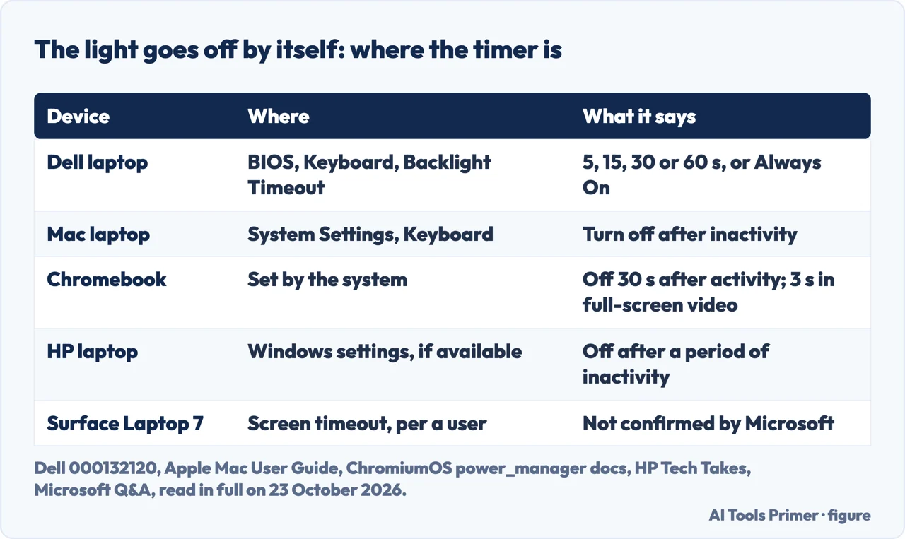 Drawn table of where the keyboard light timer is on Dell, Mac, Chromebook, HP and Surface laptops