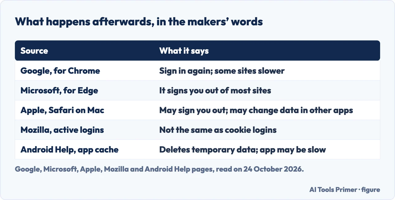 Drawn table of what Google, Microsoft, Apple, Mozilla and Android Help say happens after clearing cookies or cache