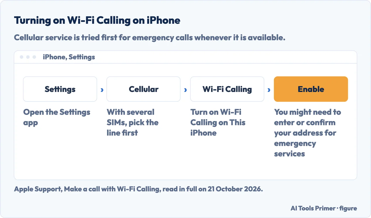 Drawn path for turning on Wi-Fi Calling on iPhone: Settings, Cellular, Wi-Fi Calling, then Enable