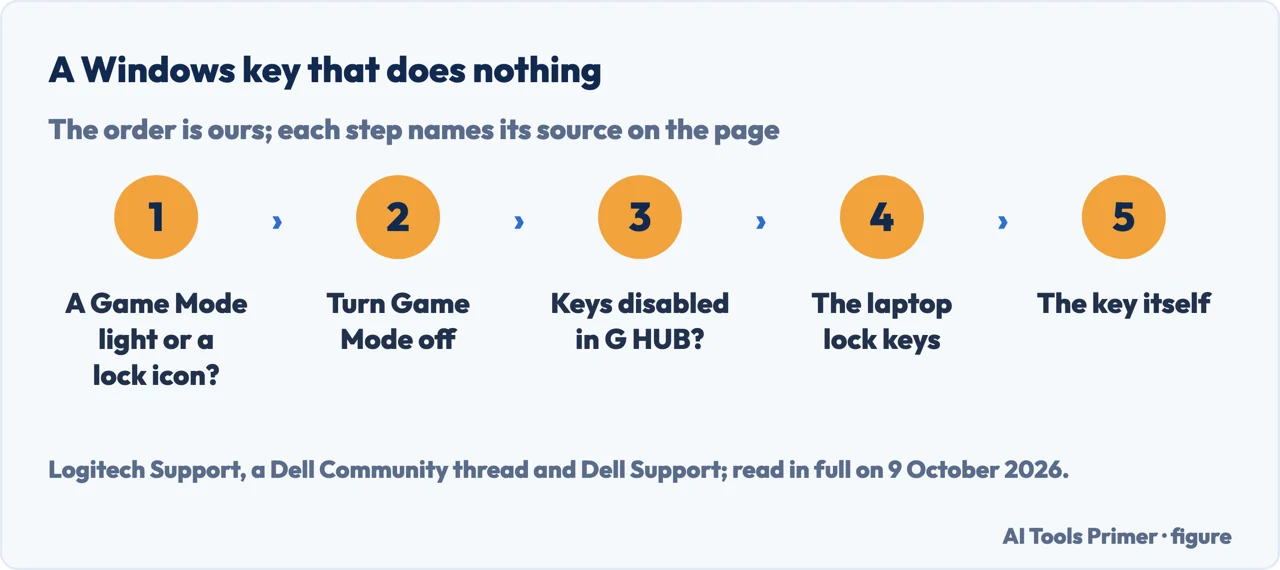 Drawn flow of the checks for a Windows key: light or lock icon, Game Mode, software, laptop lock, the key