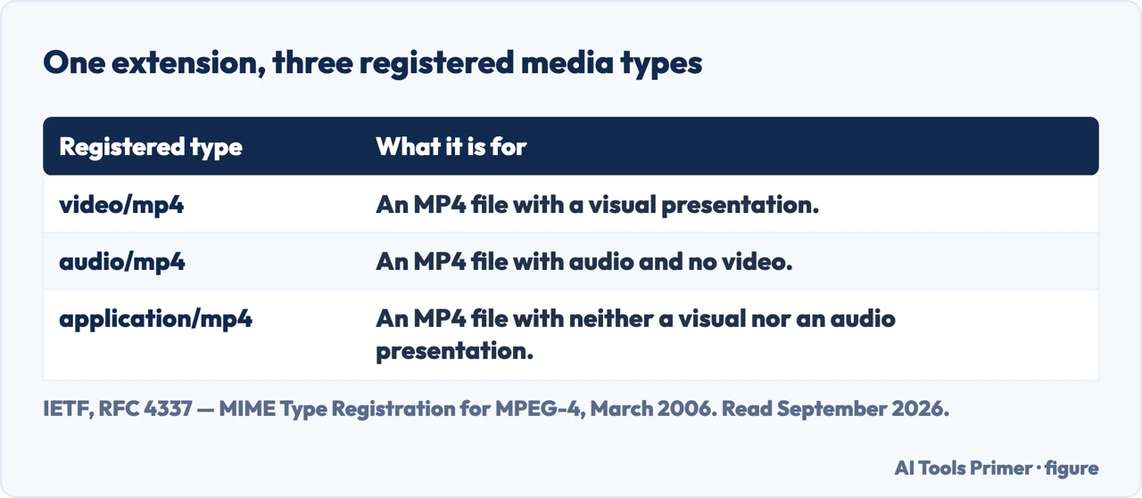 A drawn table of the three registered media types that share the mp4 extension