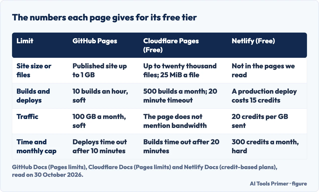 Table of the limits GitHub Pages, Cloudflare Pages and Netlify state for their free tiers