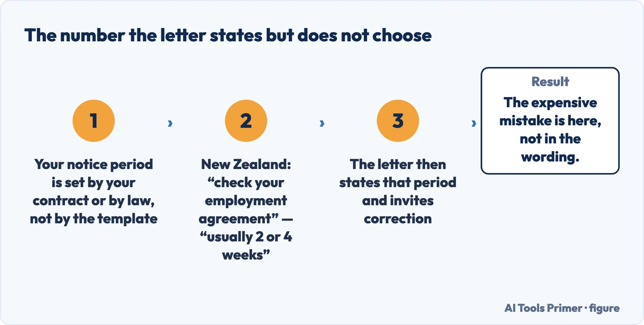 A drawn flow showing that the notice period comes from the contract, not from the resignation letter template