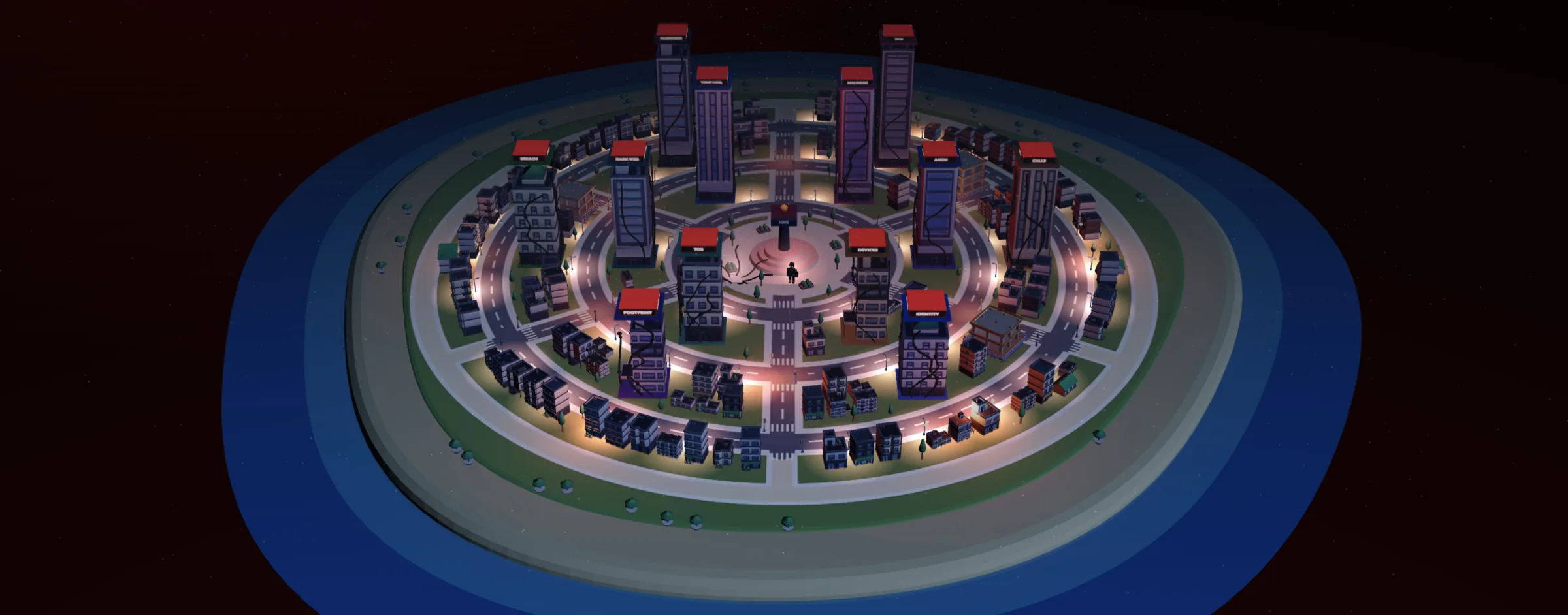 The same island at night: the dark city, lit by street lamps, where the Upside Down guides live